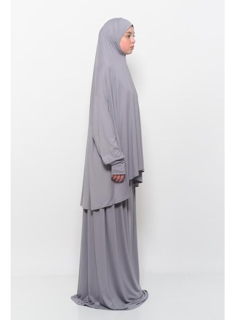 Altobeh Practical Two Piece Cotton Bat Sleeve Organic Hijab Prayer Dress with Headscarf - Gray - Image 3